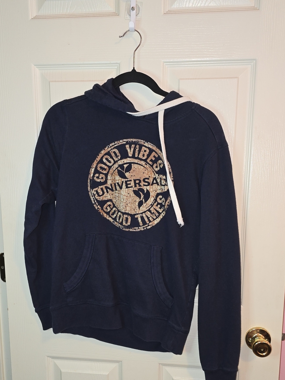 Universal Navy Hoodie with Cream Logo and White Drawcord